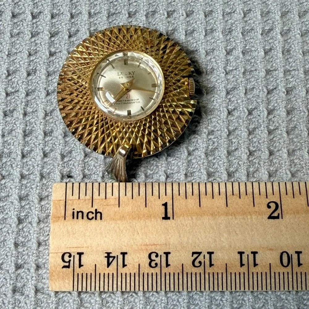 Vintage Lucky De Luxe 21 Jewel Pendant Watch Gold Tone Sunburst Waterproof